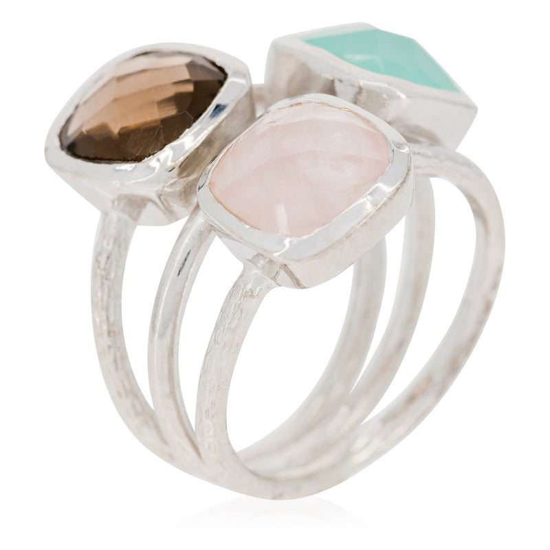 Ring "Elsa" Aqua Calci Pink & Smoky Quartz - Brass