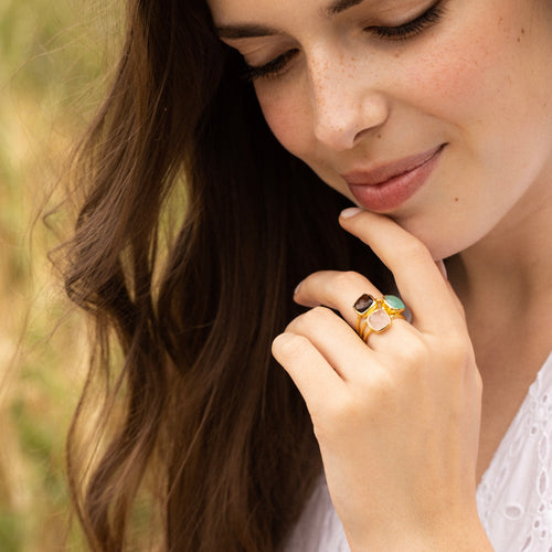 Bague "Elsa" Quartz Rose Aqua Calci & Quartz Fumé - Laiton Doré