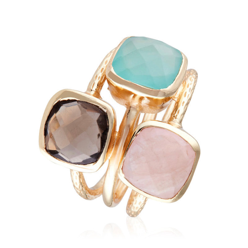 Bague "Elsa" Quartz Rose Aqua Calci & Quartz Fumé - Laiton Doré