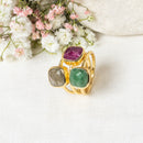 Elsa" Ring Green Aventurine Labradorite Ruby - Gold Brass