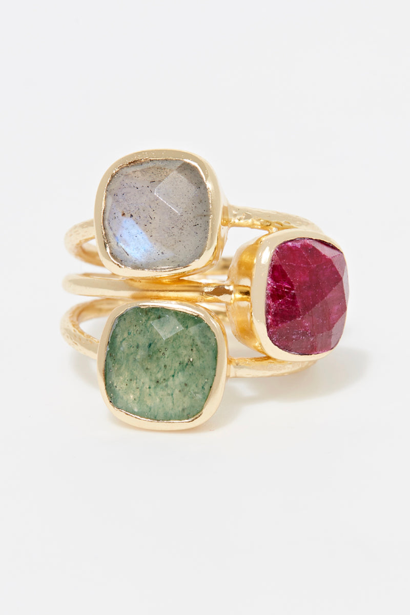 Elsa" Ring Green Aventurine Labradorite Ruby - Gold Brass