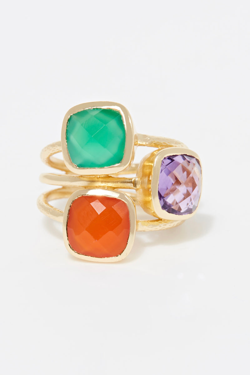 Ring "Elsa" Green Onyx, Carnelian, Amethyst - Gold Brass