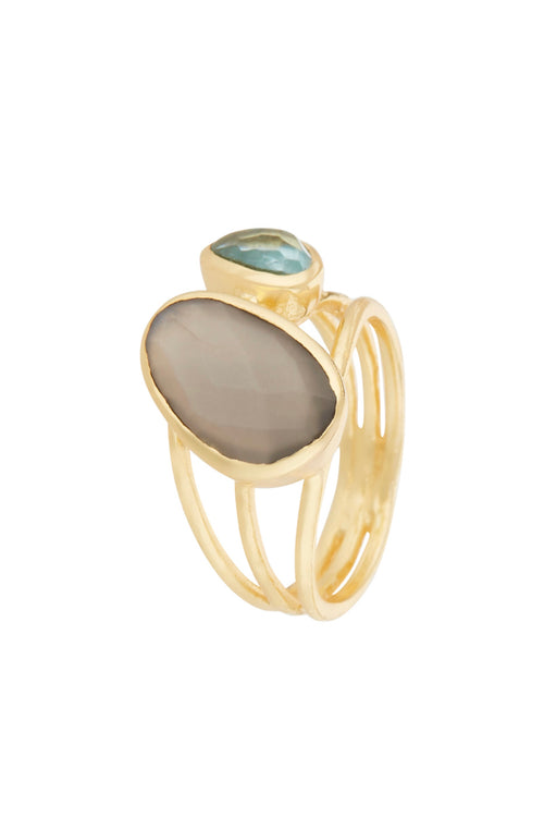 Anillo 'Florika' Piedra Lunar Gris y Topacio Azul - Latón Dorado