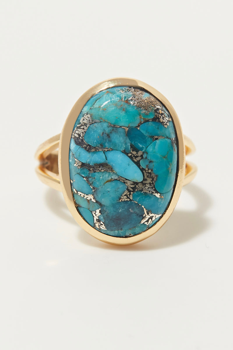 Bague Blanche Turquoise - Laiton Doré