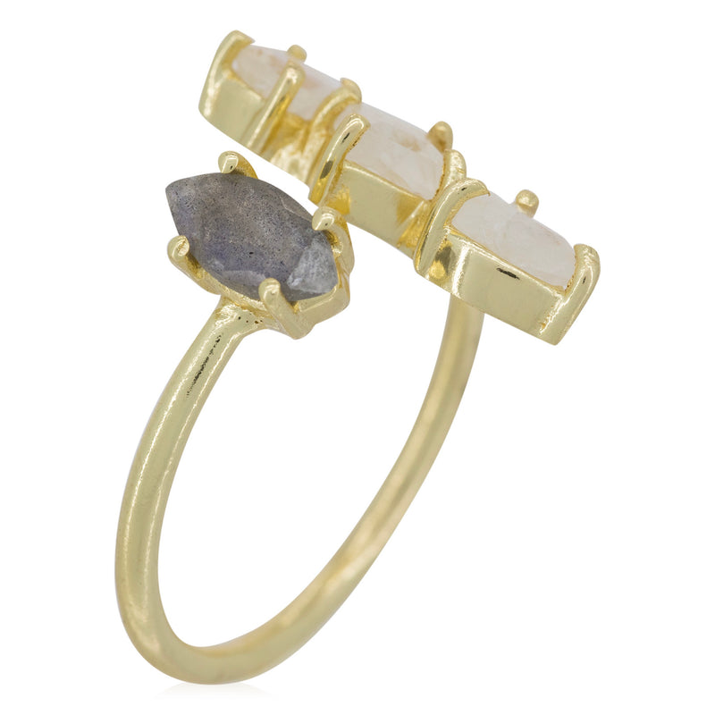 Noémy" Adjustable Moonstone & Labradorite Ring - Gold Brass