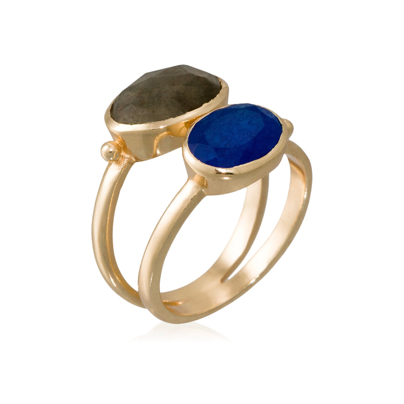 Anillo "Ocèane" Labradorita gris y jade azul - Latón dorado