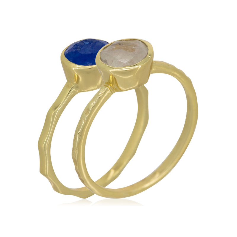 Ring "Cléa" Blue Jade & Rainbow Moonstone - Gold Brass