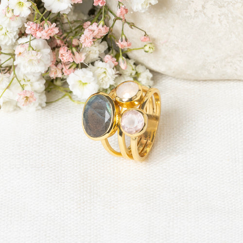 Ring Cerise Rose Quartz Labradorite & Moonstone - Gold Brass