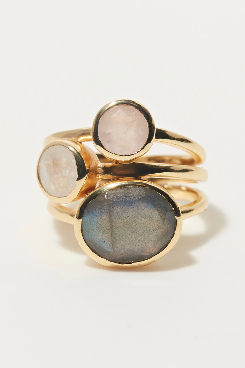 Ring Cerise Rose Quartz Labradorite & Moonstone - Gold Brass