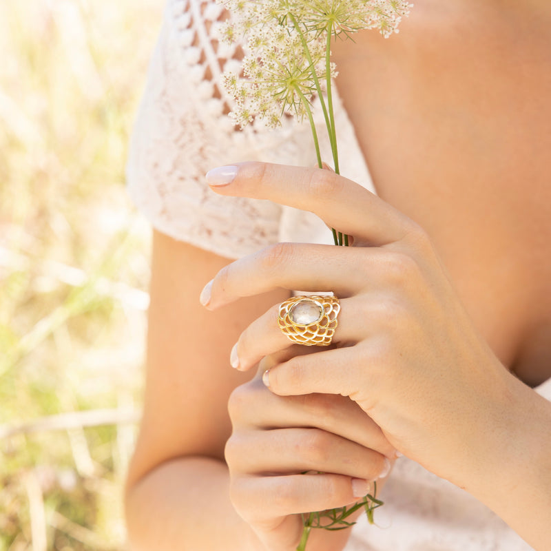 Bague "Freida" Améthyste Verte - Laiton Doré