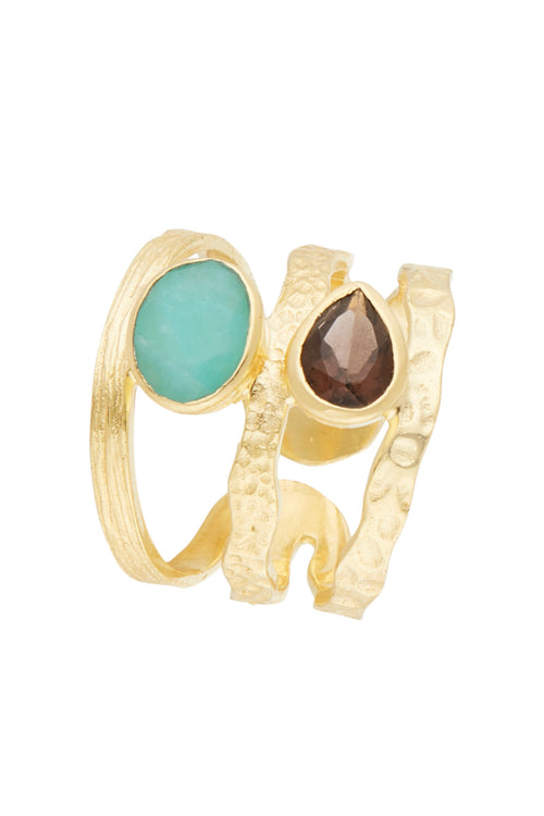 Ring 'Florina' Amazonite & Smoky Quartz - Gold Brass