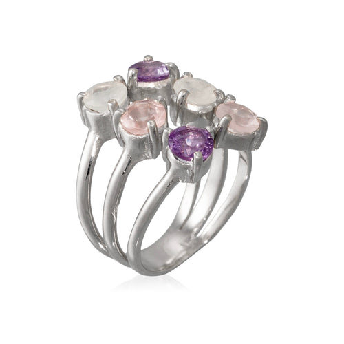 Adjustable Ring "Stella" Moonstone Amethyst & Rose Quartz - Brass