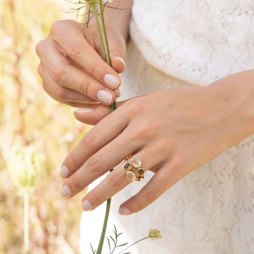 Bague "Thaïs" Quartz Rose & Quartz Fumé - Laiton Doré