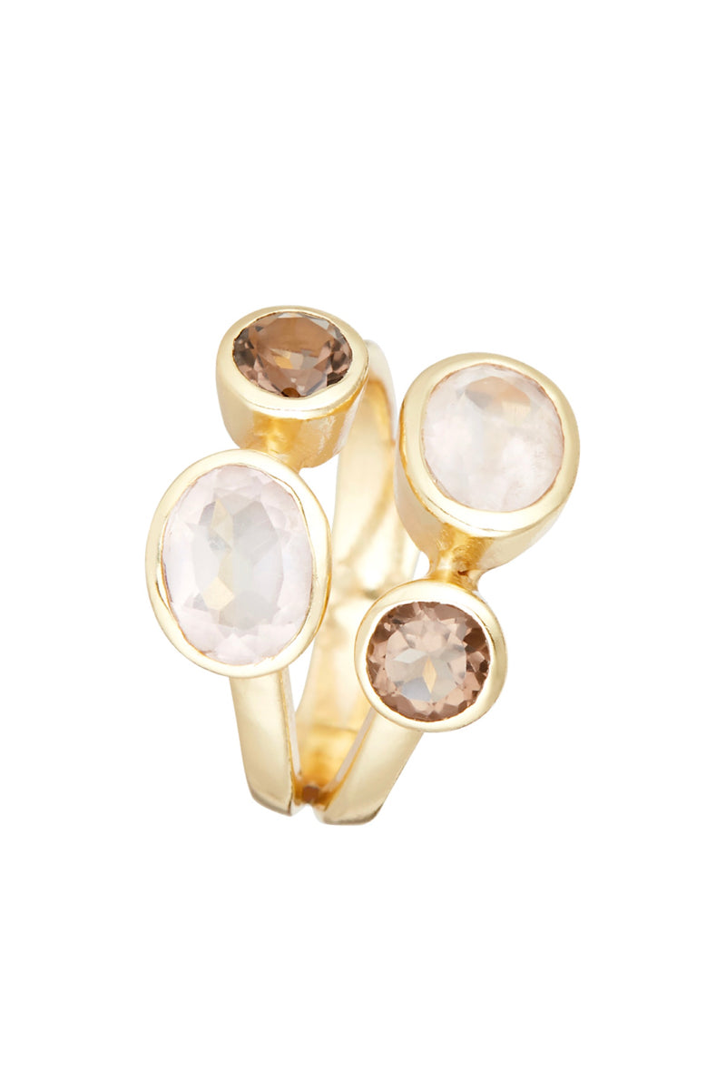 Ring "Thaïs" Rose Quartz & Smoky Quartz - Gold Brass