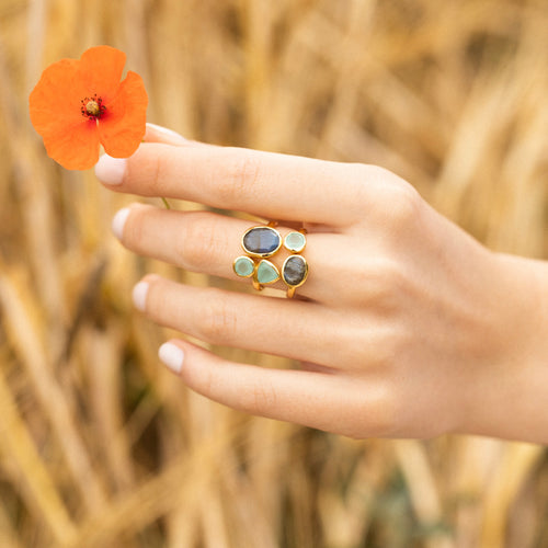 Bague "Tatiana" Labradorite & Aqua Calci - Laiton Doré