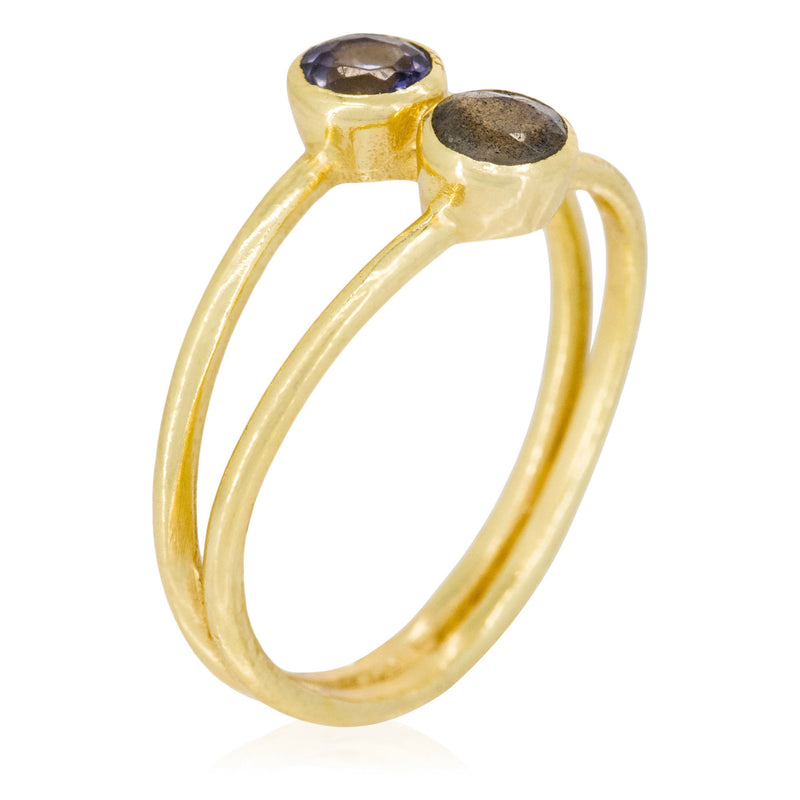 Ring "Adela" Iolite & Labradorite - Golden Brass