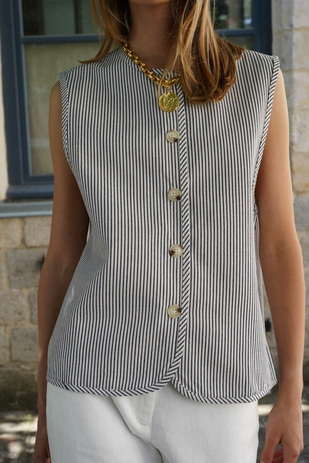 Baptiste Striped Sleeveless Vest Navy/Ecru
