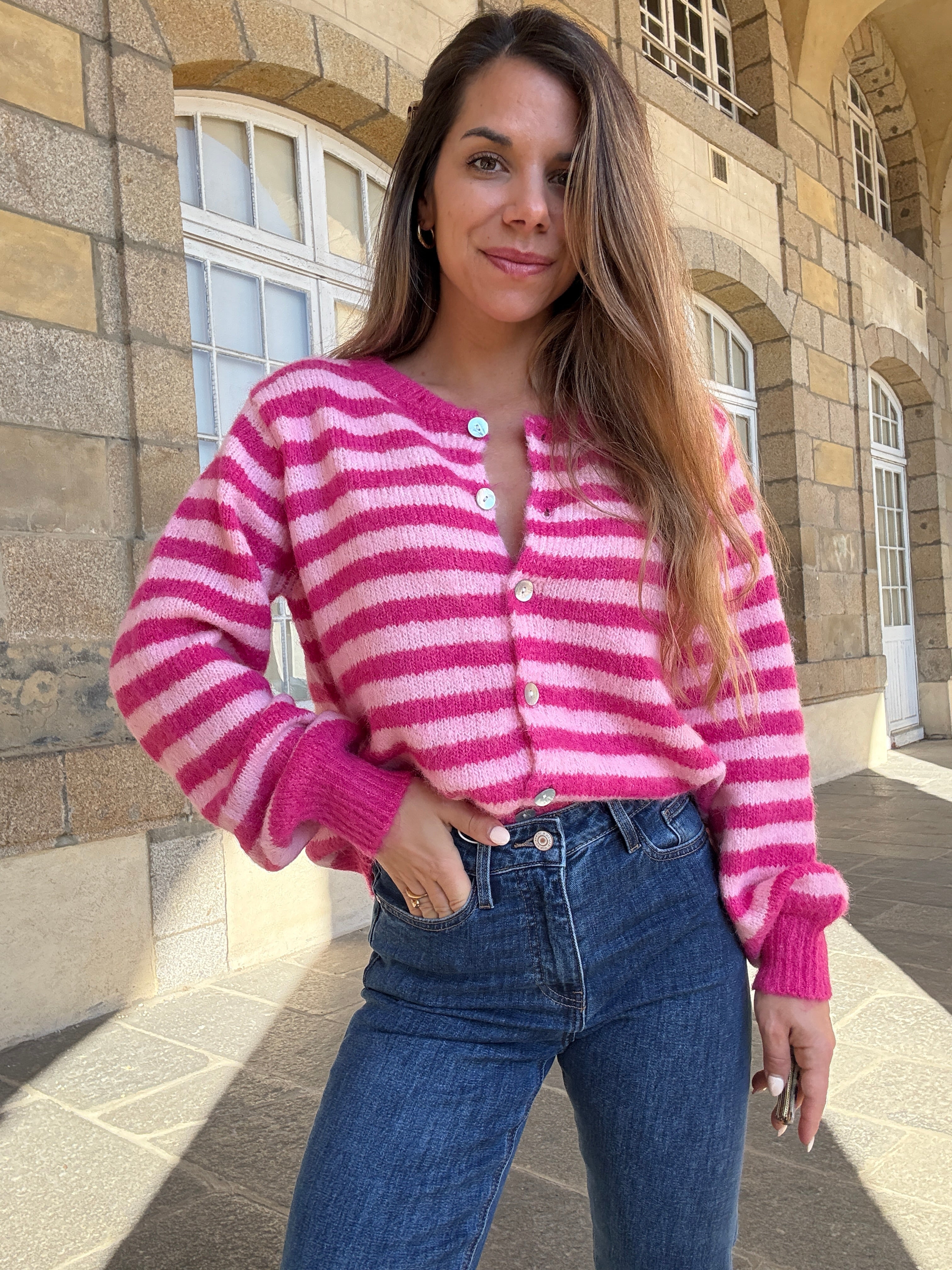 Cardigan Solela Rayé Rose Et Rouge