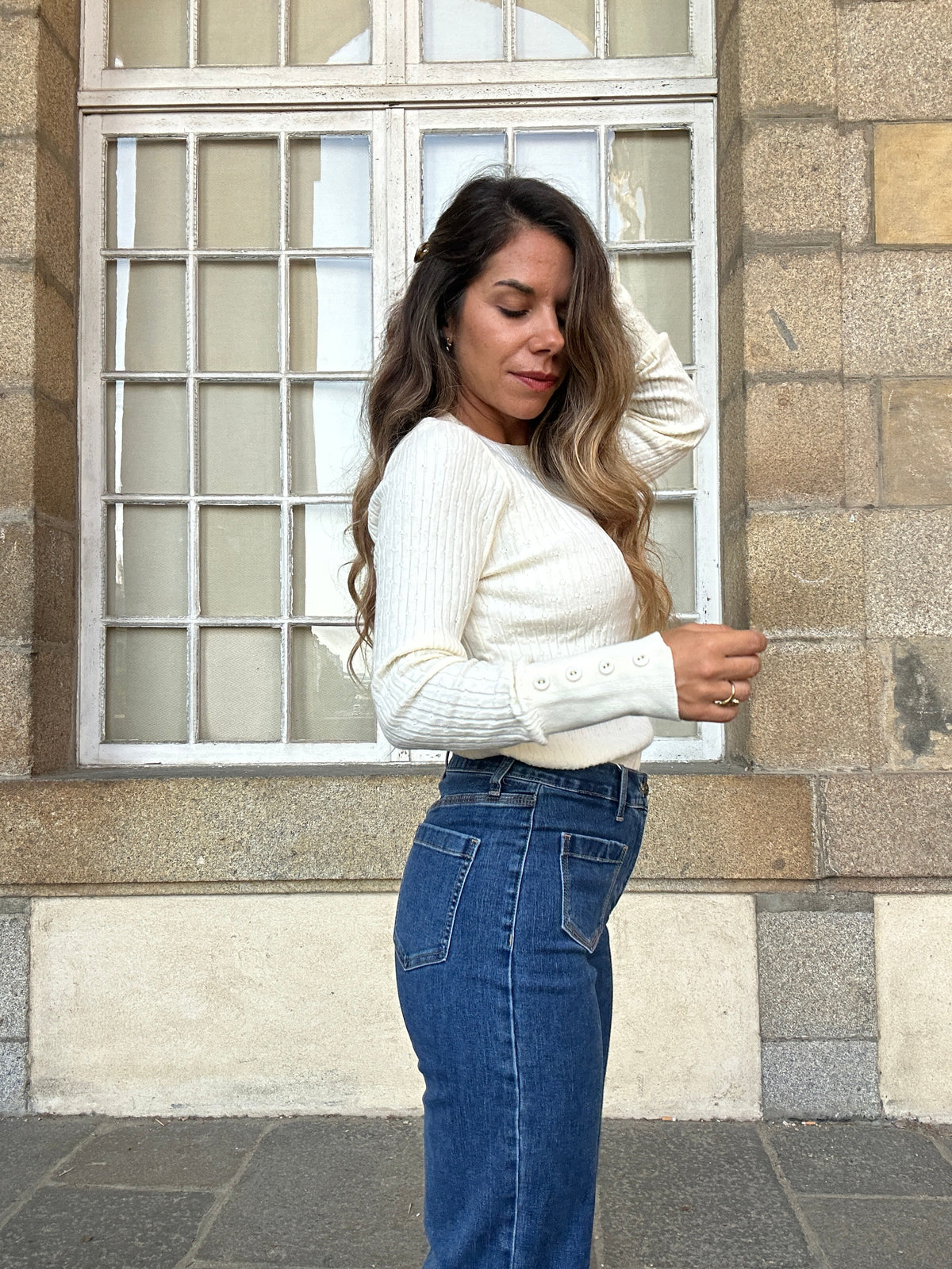 Diane fine-knit ecru jumper