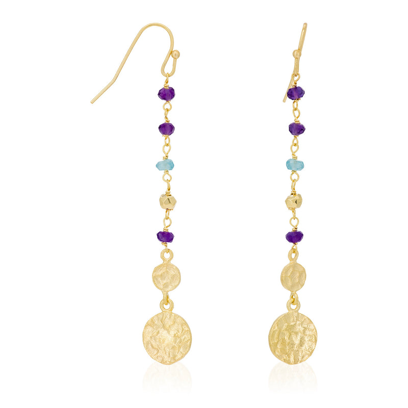 Earring "Amanda" Aqua Calci & Amethyst - Golden Brass