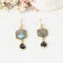 Boucle D'Oreilles "Sharon" Labradorite & Onyx Noire - Laiton Doré