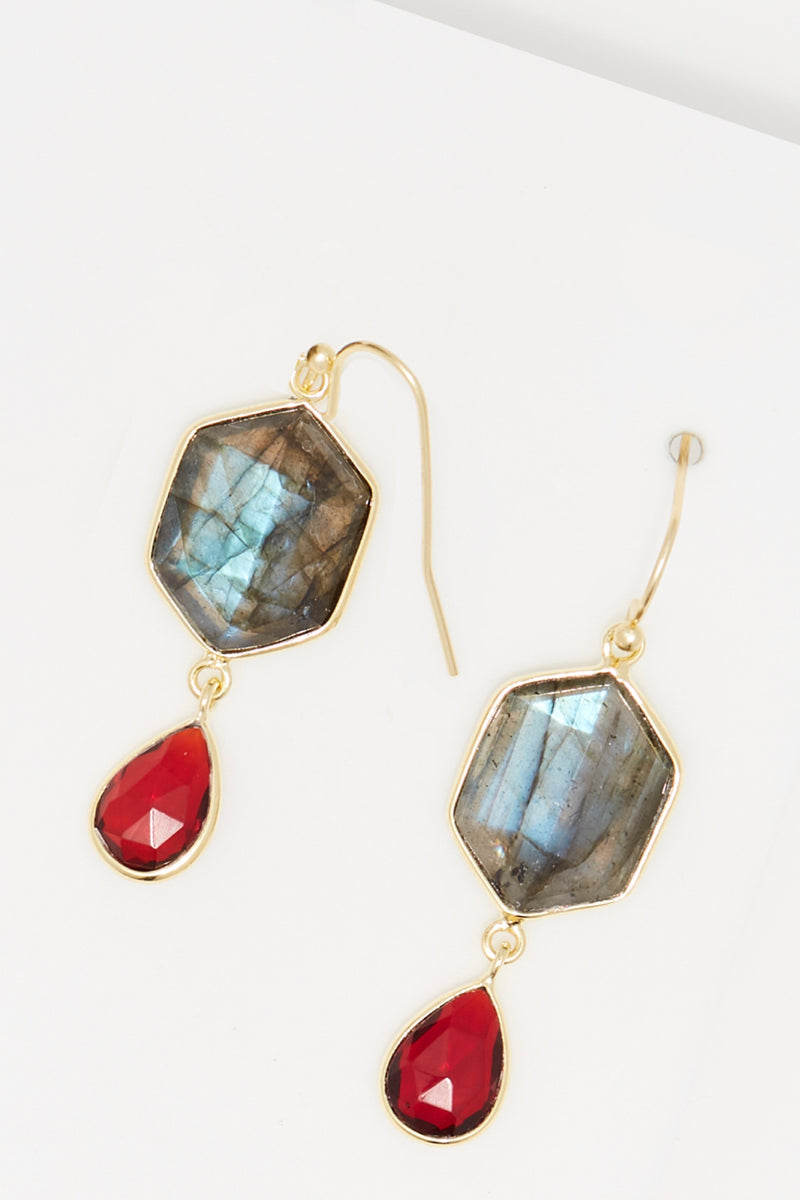 Earring Labradorite & Garnet - Golden Brass