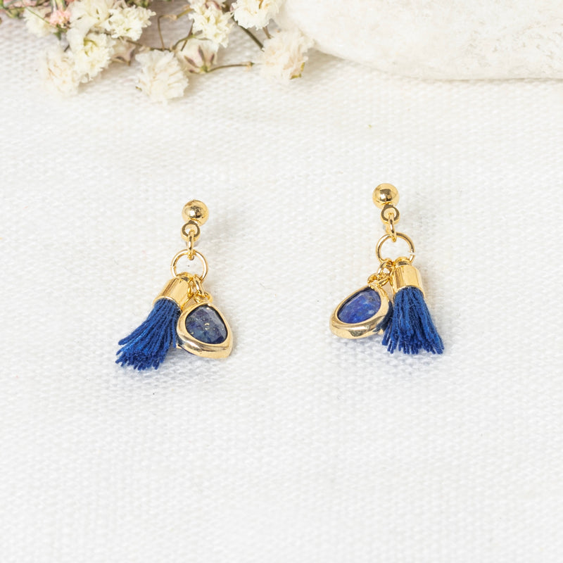 Boucles D'Oreilles "Johanna" Lapis Bleu - Laiton Doré