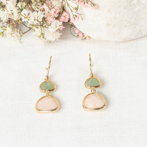 Boucles D'Oreilles "Maïa" Aventurine Rose & Verte - Laiton Doré