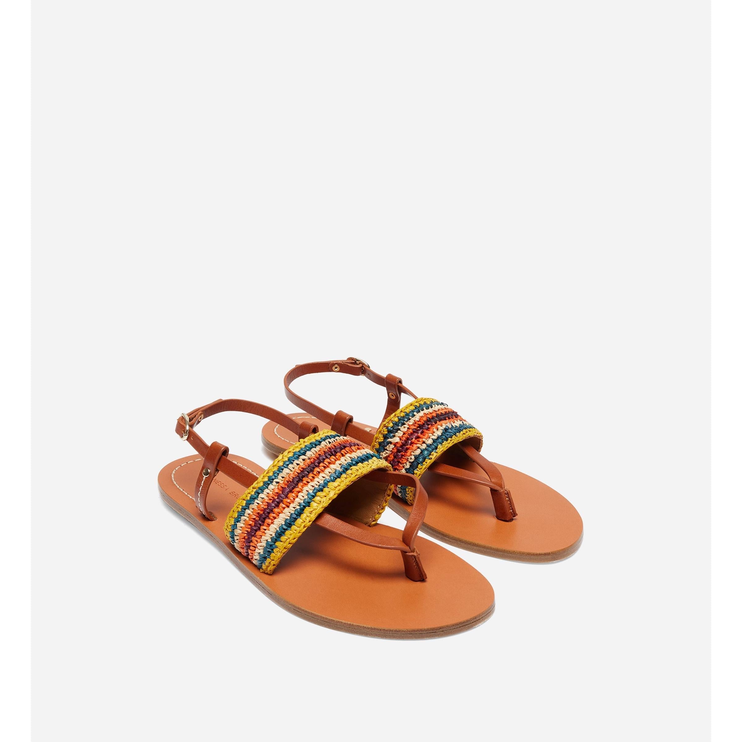 Raffia & Vegetable-Tanned Leather Flat Sandals - Multicolour