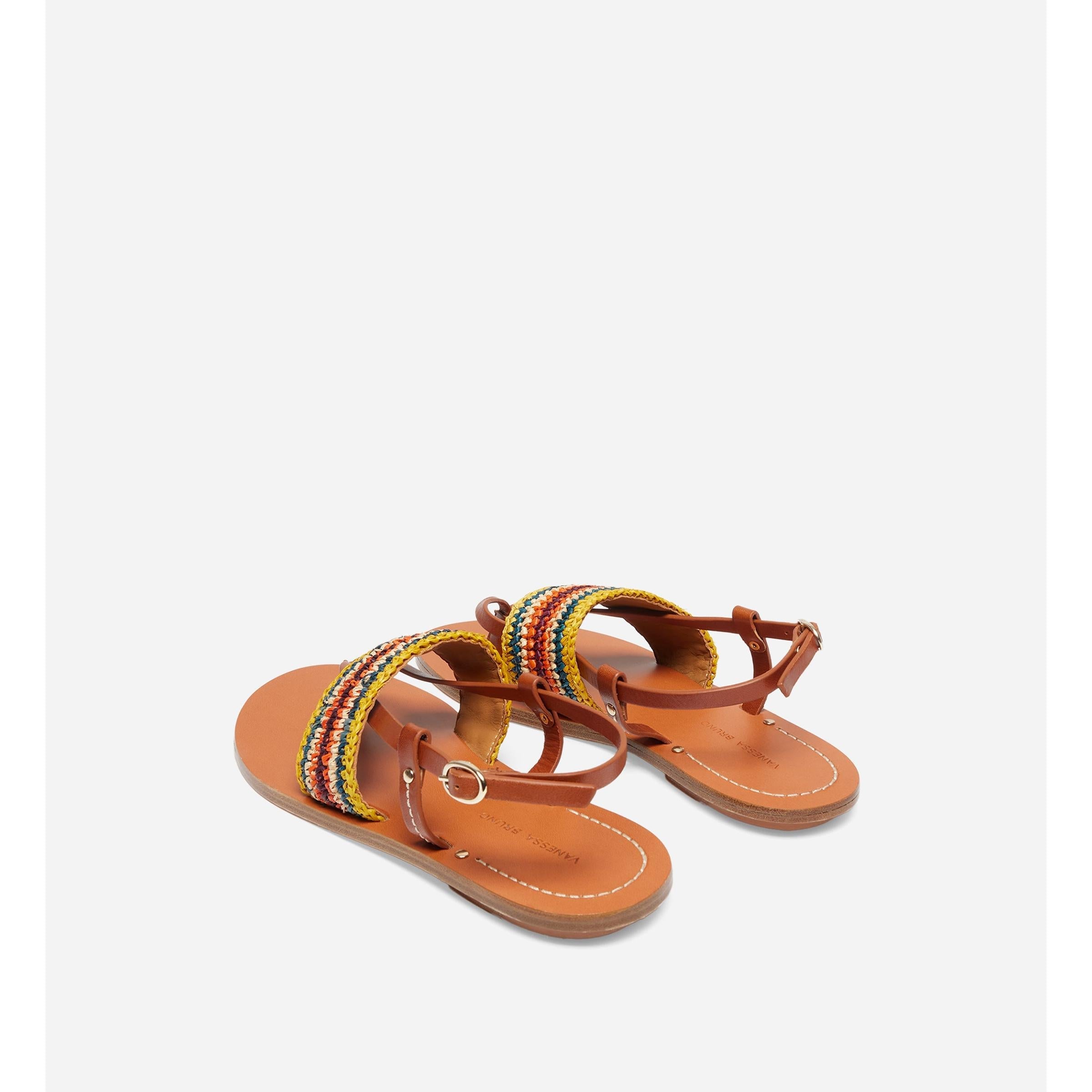 Raffia & Vegetable-Tanned Leather Flat Sandals - Multicolour