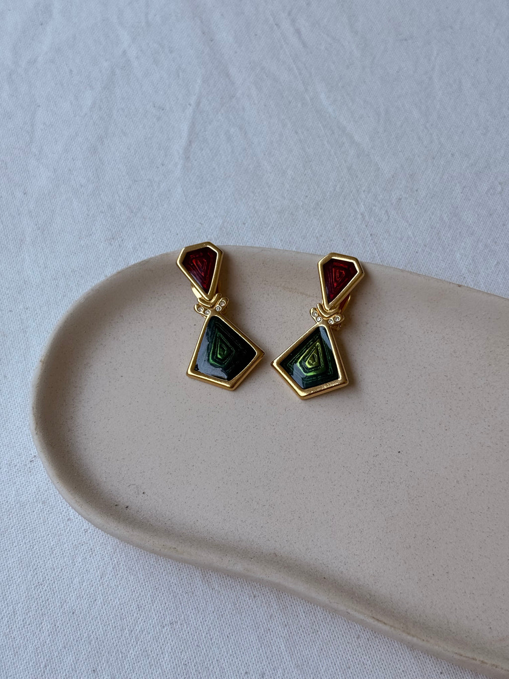 Vintage Enamelled Earrings - Red And Green