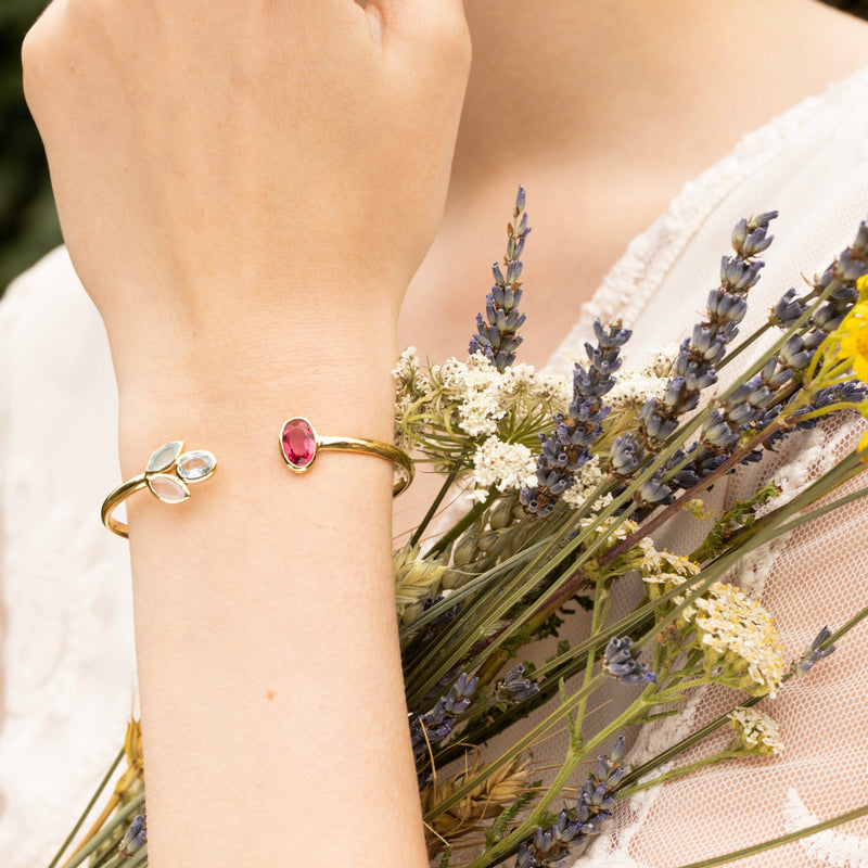 Pulsera "Roséna" Calcedonia blanca y rosa & Topacio azul - Latón dorado