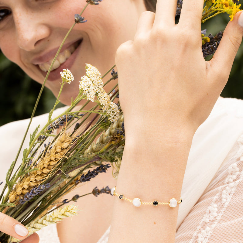 Neela" Moonstone & Onyx Bracelet - Gold Brass