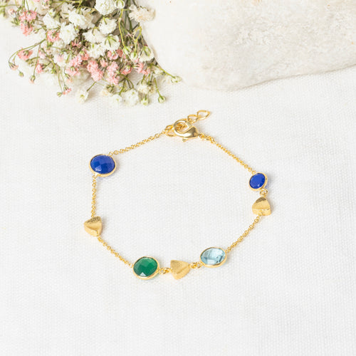 Pulsera "Augustine" Topacio Lapislázuli Azul y Ágata Verde - Latón Dorado