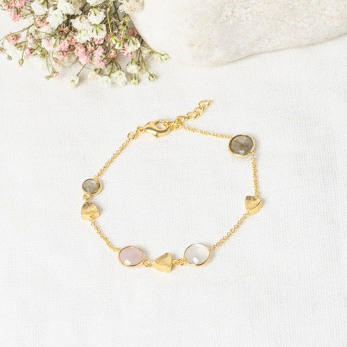 Pulsera "Augustine" Cuarzo Rosa Labradorita & Piedra Lunar Blanca - Latón Dorado