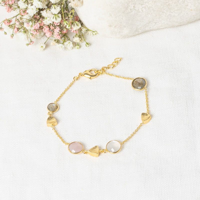 Pulsera "Augustine" Cuarzo Rosa Labradorita & Piedra Lunar Blanca - Latón Dorado