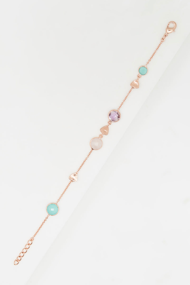 Bracelet "Augustine" Améthyste Rose Quartz & Aqua Calci - Laiton Rosé