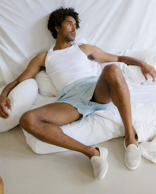 Angarde men's beige velvet slipper worn lifestyle 