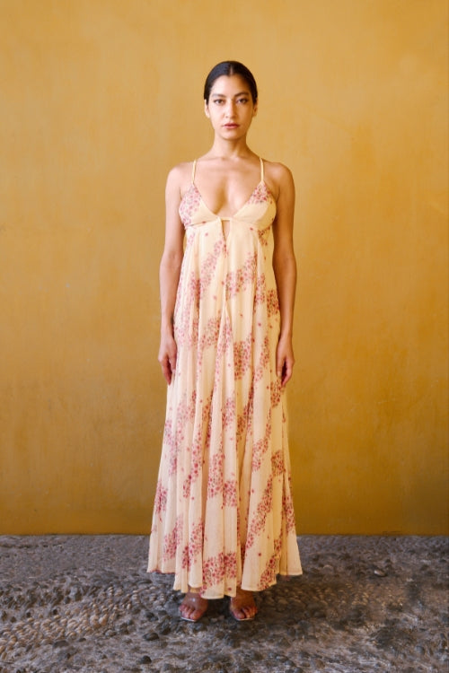 Vestido Largo de Gasa Estampada - Rosa