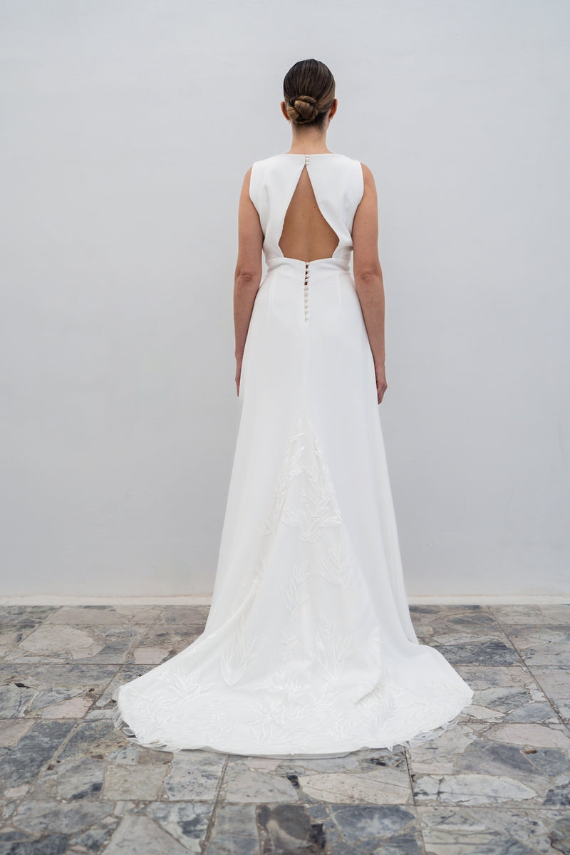 Vestido de novia de ópalo con cinturón pequeño - Blanco seda