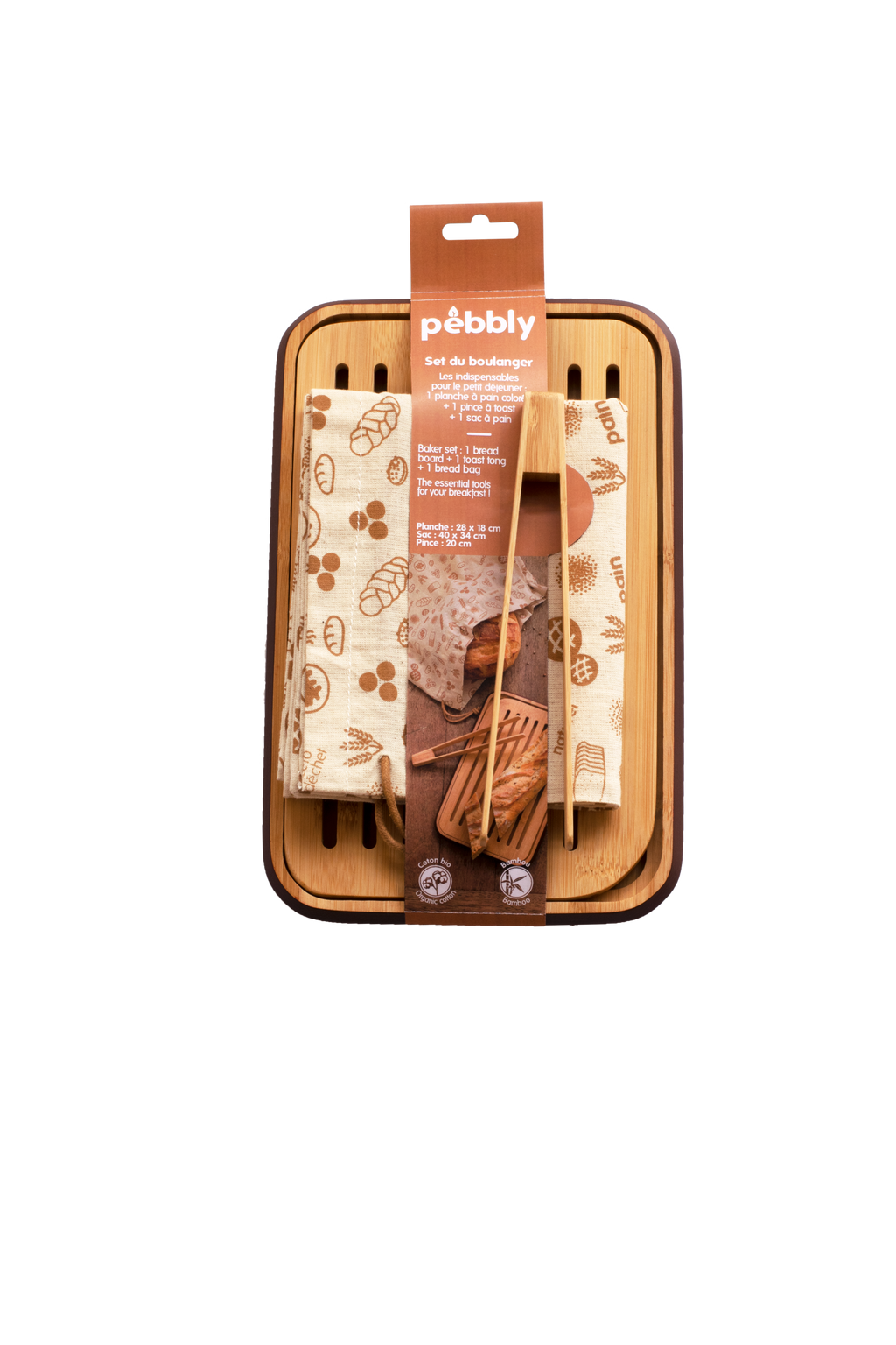 Set De Panadero Tabla De Cortar Pinzas Para Tostadas Y Bolsa De Pan - Beige Y Chocolate - Lote De 3