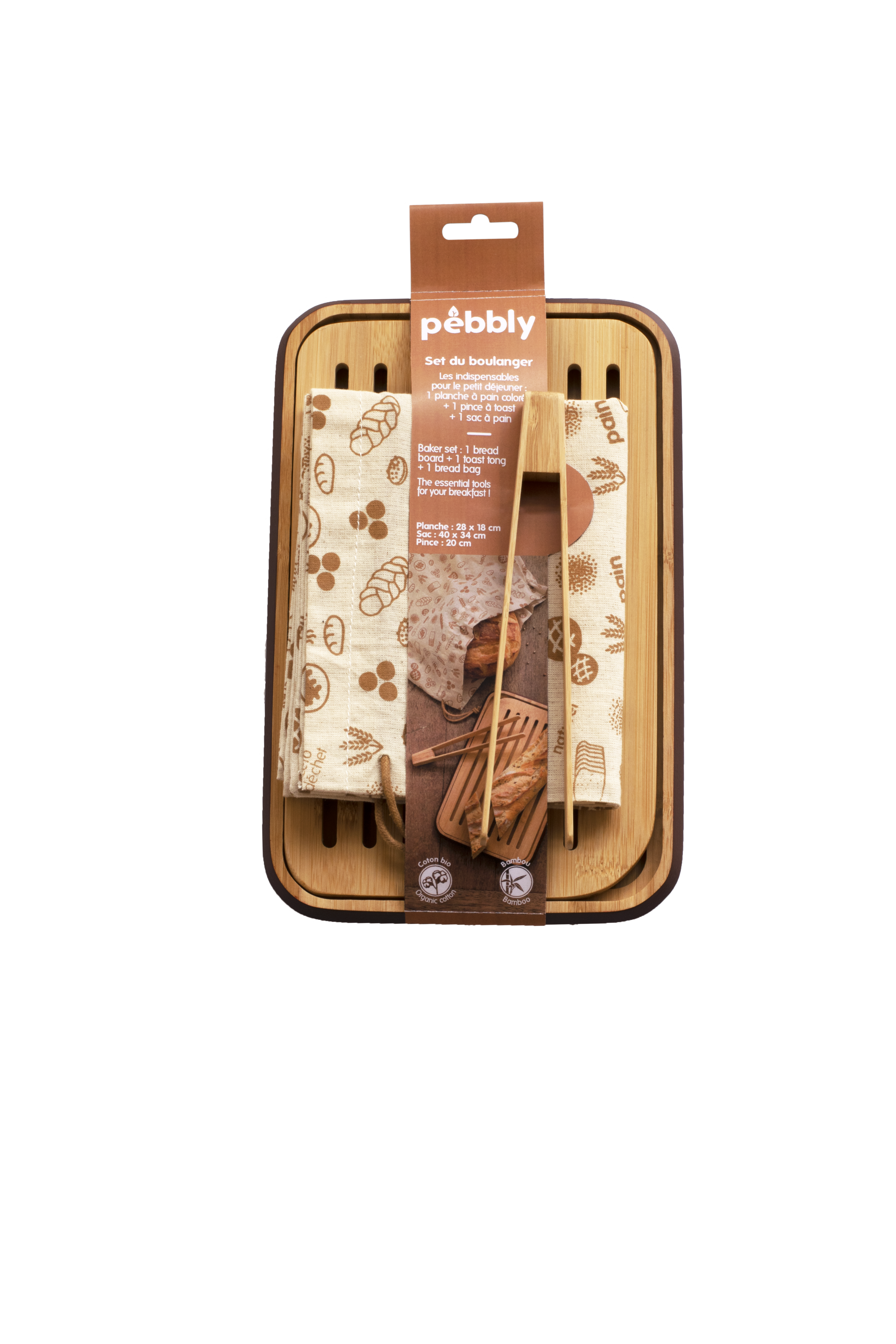 Set De Panadero Tabla De Cortar Pinzas Para Tostadas Y Bolsa De Pan - Beige Y Chocolate - Lote De 3