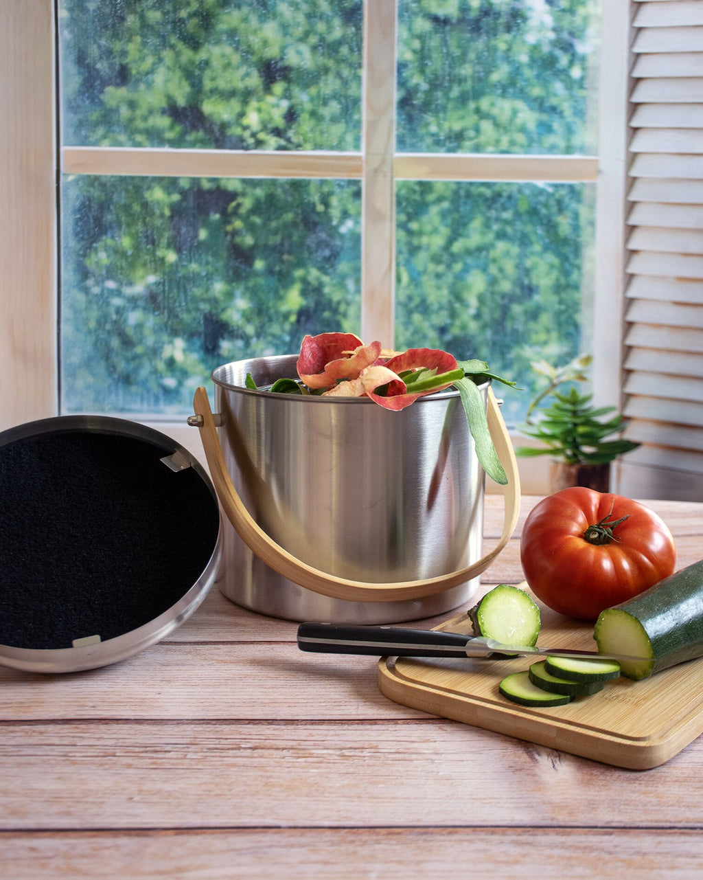 Seau À Compost En Inox Et Bambou - Argenté