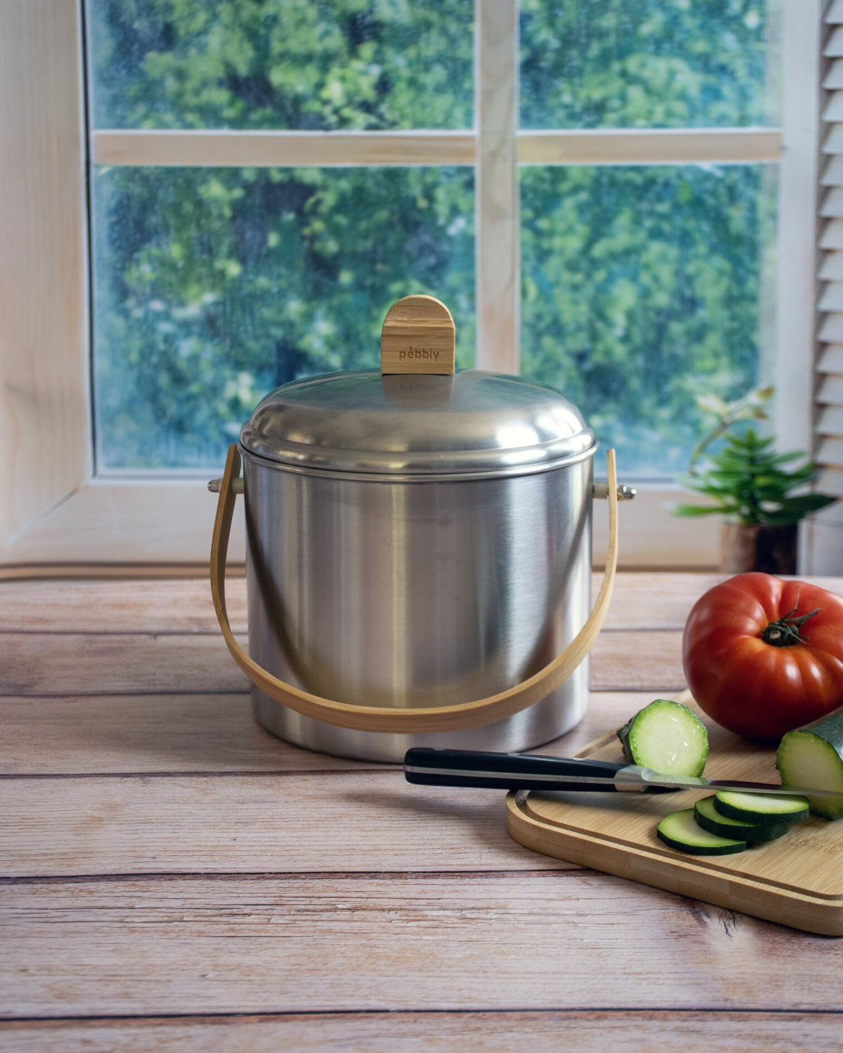 Seau À Compost En Inox Et Bambou - Argenté