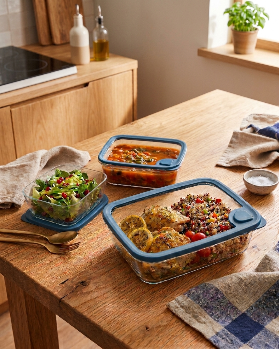3-Piece Square Glass Cooking & Storage Container Set - Royal Blue