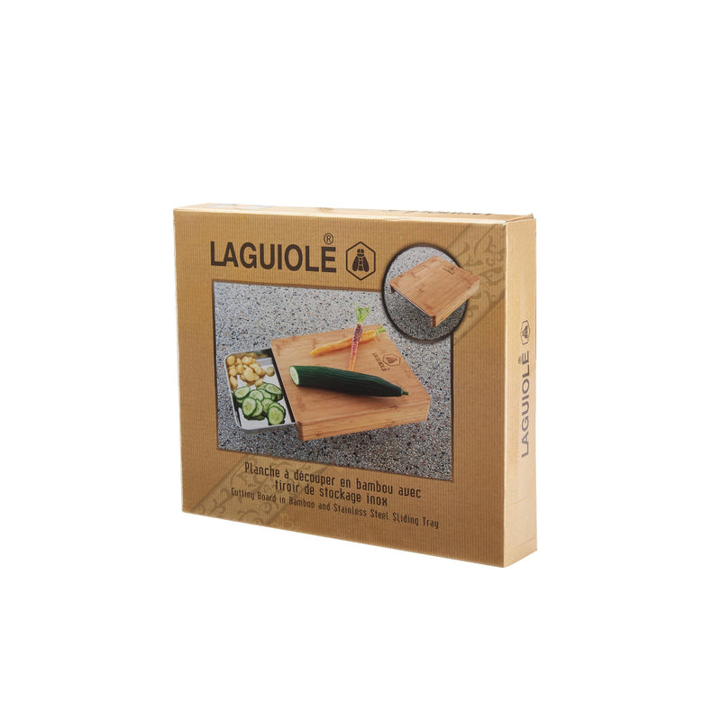 Bamboo Cutting Board with Storage Drawer - Stainless Steel