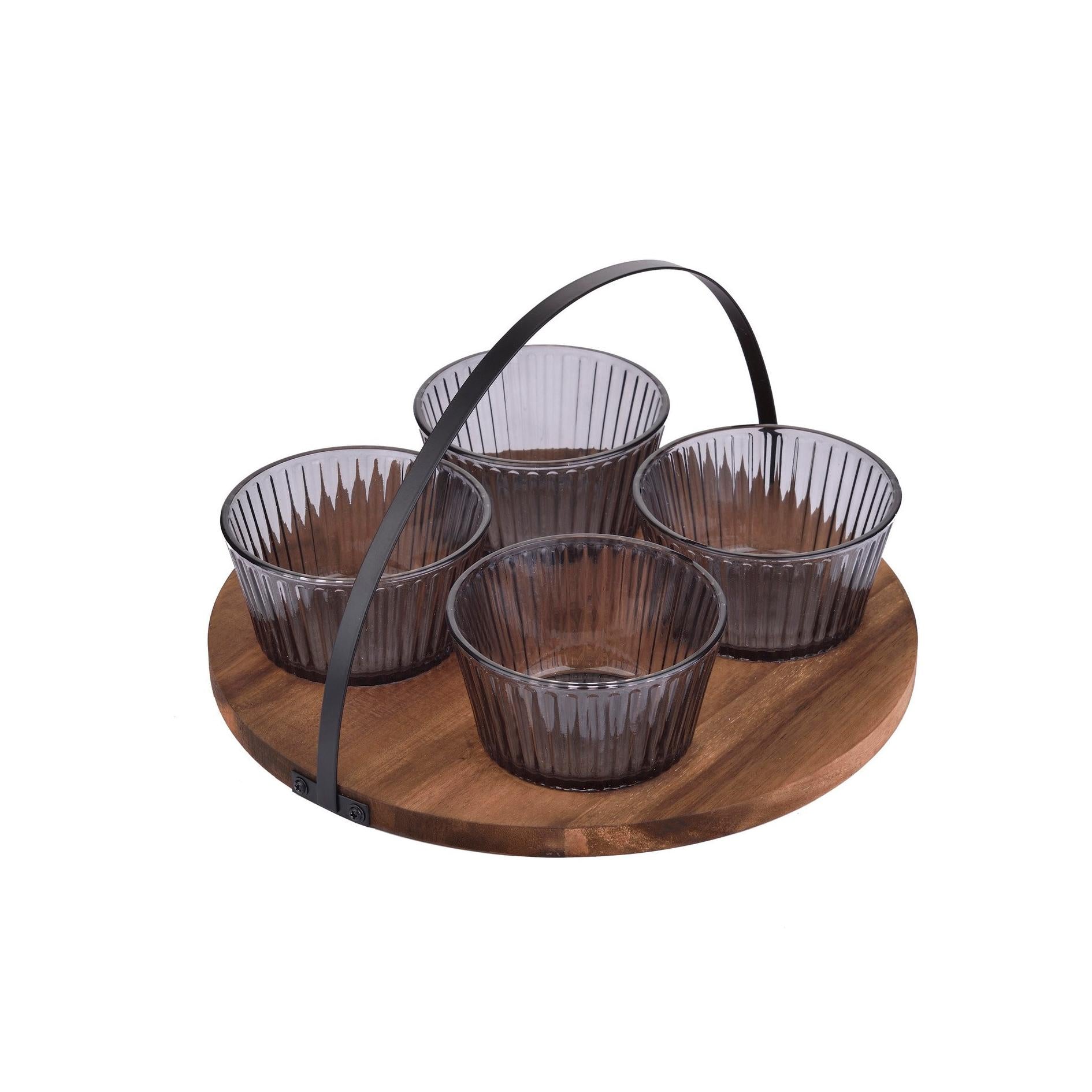 Ensemble D'Apéritif 4 Bols En Verre Et Plateau En Bois