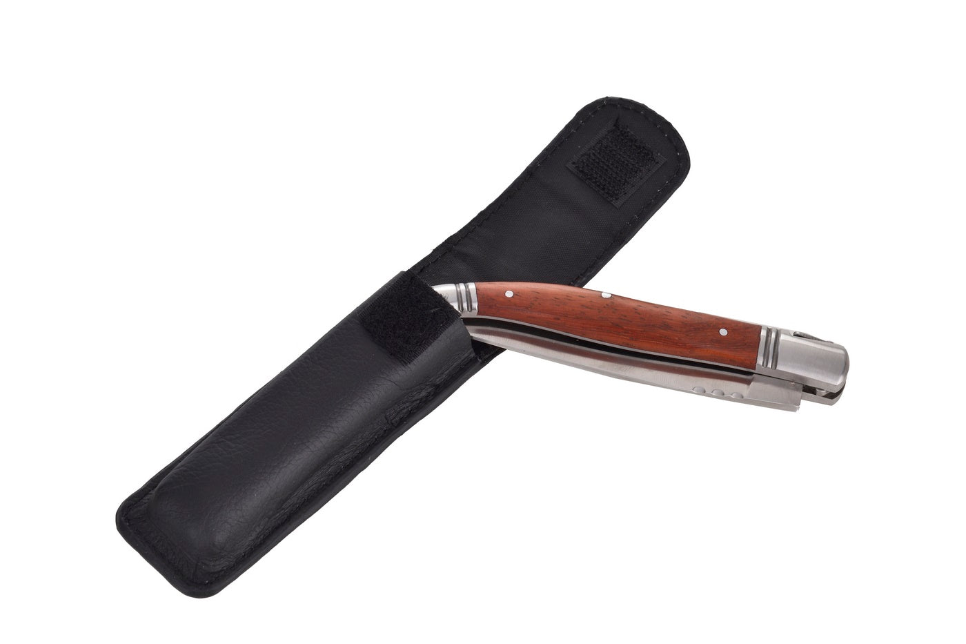 Lag Heritage Estuche Navaja Plegable Y Funda De Cuero Negro - Acero Inoxidable Y Mango De Madera De Palo De Rosa