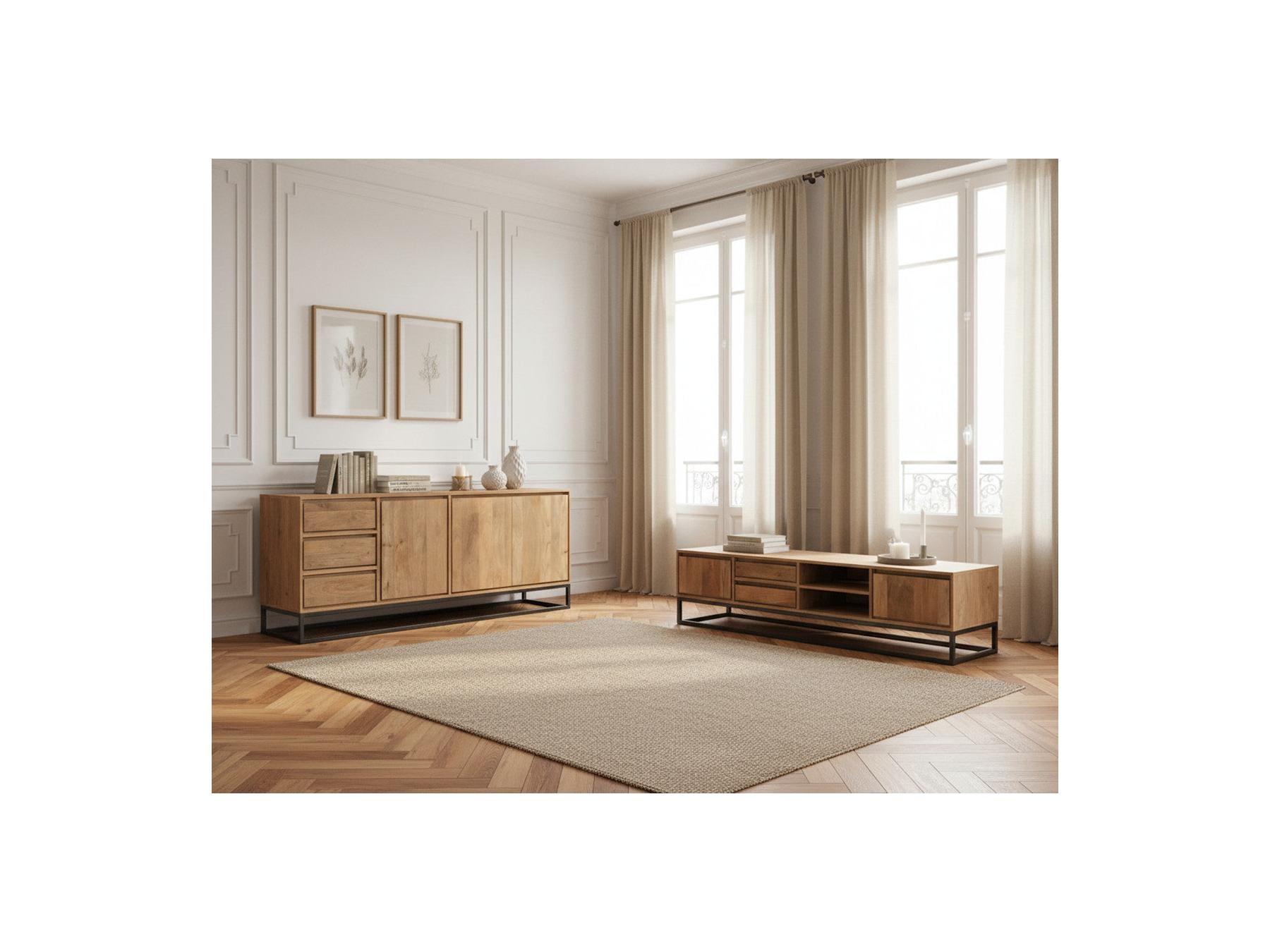 Bergerac - Conjunto con aparador de 190 cm + mueble de TV de 200 cm de madera maciza de mango