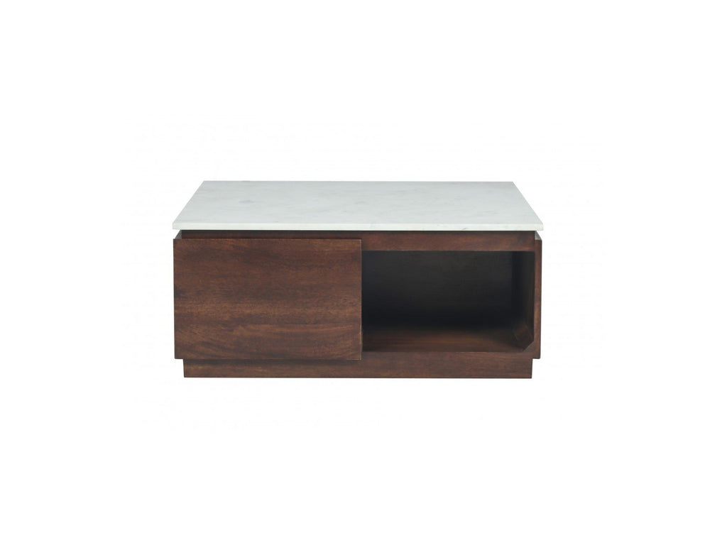 Barbara - Table Basse Carrée 2 Tiroirs 80 Cm Bois Massif De Manguier Et Marbre